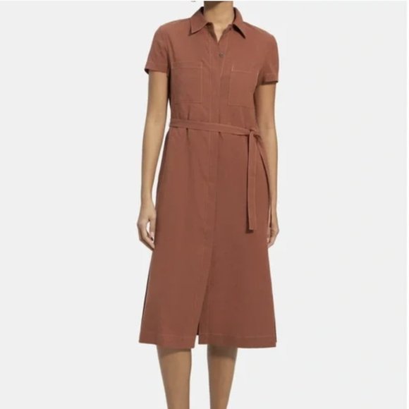 Theory Short Sleeve Shirtdress Linen Terracotta Soft Crunch Burnt Orange Size 4 - Picture 1 of 16